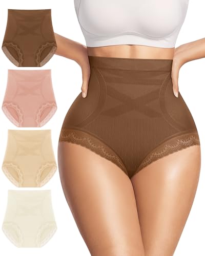 Women's Underwear 4 Pack High Waisted Tummy Control Ladies Panties with Lace Comfortable Briefs Full Coverage