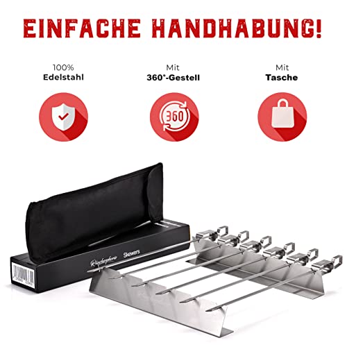Räucherphorie® Grillspieß-Set – 6× Edelstahl-Grillspieße + Grillgestell + Transporttasche – robuste Schaschlikspieße für Fleisch, Gemüse und vegane Alternativen