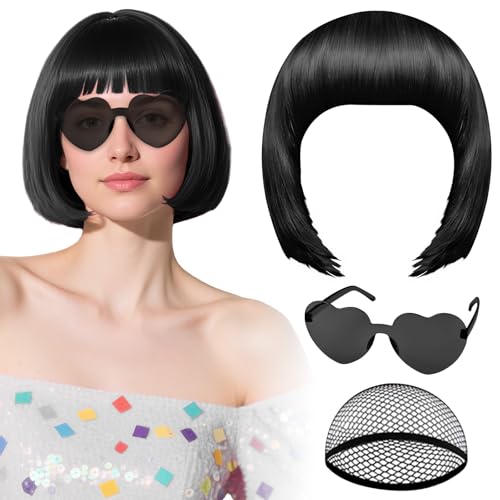 PLULON Black Bob Wig with Heart Sunglasses & Cap