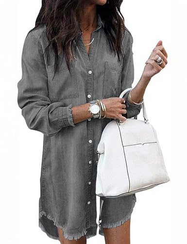 Image of Zilcremo Women Denim Dress Long Sleeve Button Down Jean Shirt