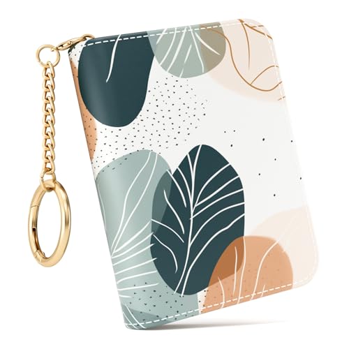 Image of Credit Card Holder RFID Wallet for Women, Small Leather Card Organizer Case with Zipper and Keychain, Boho Leaf