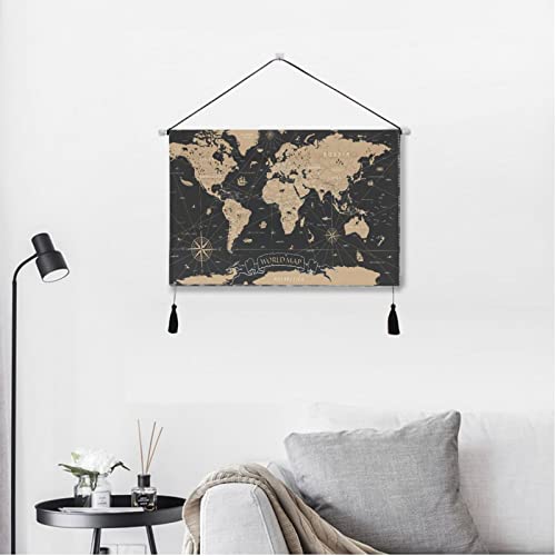 World Map Hanging Poster Retro Map Canvas Poster Hangers Portable Scroll Poster Wall Hanger Tapestry For Office Home Living Room Bedroom Decor 18 X 26Inch #TOP1