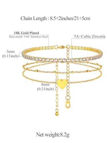Image of FindChic Black /Silver /Gold Plated Anklets Set of 2PCS /3PCS Herringbone Chain Cuban Link Heart Charm Sparkling Tennis Ankle Bracelets, Waterproof Summer Foot Jewelry for Beach