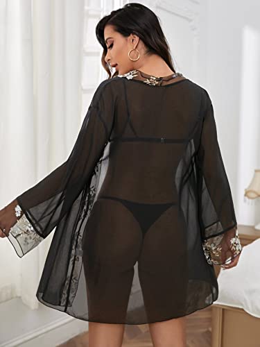 Wdirara Women's Floral Embroidery Chiffon Belted Kimono Sheer Babydoll Lingerie Robe Black S #TOP1
