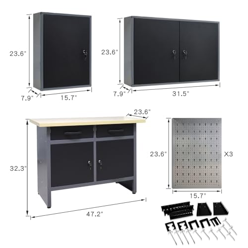 Image of JZD Steel Storage Cabinet Set System, Included Metal Pegboard Wall Cabinets Wood Tabletop, for Garage Auto Repair Shops, Utility Room