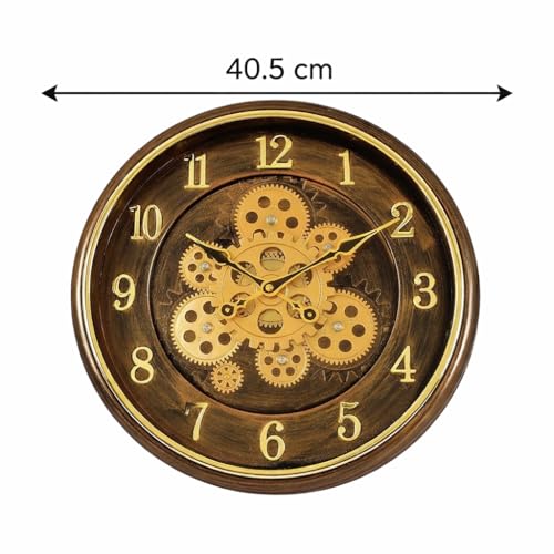 Image of Vintage Rotating, Big Size Moving Gears Wall Clock, (40 cms) 16 Inch Round Brown Mechanical Gear Design, Decorative Analog Clock for Living Room Office Hall