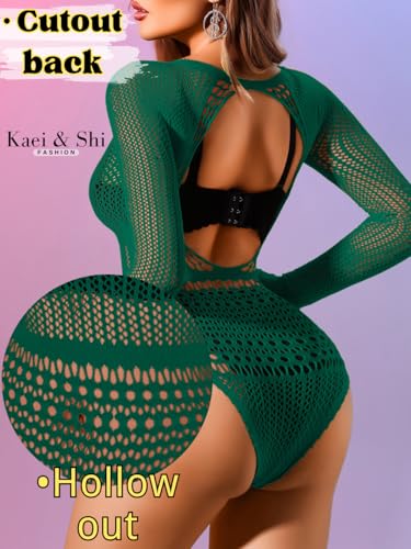 Image of Kaei&Shi Sexy Hollow Rave Outfits, Fishnet Bodysuit Fits US Women Sizes 0-18, Sheer Lace Glow Party Tops Festival Mesh