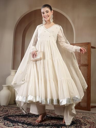 Image of Gulmohar Jaipur Women's Malmal Solid Angrakha Neck Anarkali Kurta Suit Set