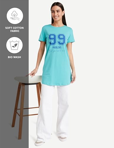 Image of Amazon Brand - Symbol Women's Graphic Cotton Stretch Half Sleeve Round Neck Regular Fit T-Shirt (Tunic Length)