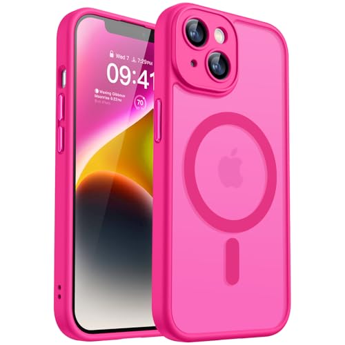 CANSHN iPhone 14 用 ケース Magsafe対応 カメラ周辺保護 ワイヤレス充電 あいふおん 14 用 ケース 耐衝撃 エアガードコーナー 傷つき防止 指紋防止 リング マグネット搭載 半透明マット仕上げ アイフォン 14 用 カバー- ホットピンク