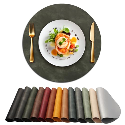 Image of UnivoColors Placemats Round Faux Leather Placemats Set of 8-Waterproof-Wipe Clean-Heat Resistant-Anti Slip Dining Table Place Mats,Suitable for Indoor & Outdoor Use,15 inch.Retro Olive Green