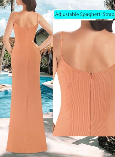 Image of VFSHOW Womens Sexy Formal Ruched Fitted High Slit Bodycon Maxi Dress Spaghetti Strap Sweetheart Cocktail Prom Evening Gown