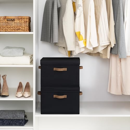Image of StorageWorks Fabric Storage Bins with Lid, Decorative Storage Boxes for Shelves, Stackable Closet Organizer Basket with Handles, Jumbo, Black, 2-Pack
