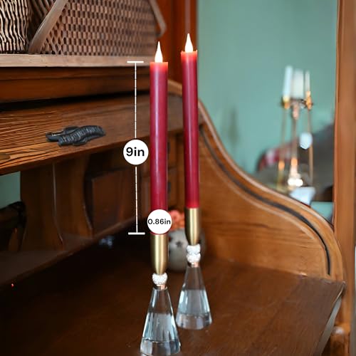 Image of Rechargeable Flameless Tealights Candle with Remote Timer, 3D Moving Flame Real Wax Candles (Includes Remote Control, Charging Base, and USB Cable) (Rech-2Taper-Burgundy, 9in)