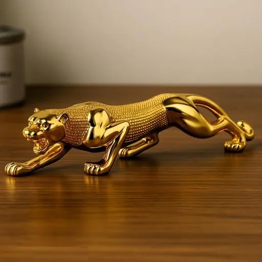 VASTU ART Fengshui Gold Leopard Panther Figurine for Wealth & Ambition | Realistic Prowling Cheetah Jaguar Statue Gold Plated Studded | Wild Cat Office Desk Car Dashboard | Home Decor Gift | Gold 18cm-image-42