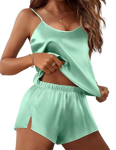 Image of Ekouaer Silky Women Pajamas Set Satin Cami Top & Shorts Lingerie Pjs | 2 Piece Silk Nightwear Soft Camisole Sleepwear for Home, Daily Wear, Wedding, Party, Date Nights