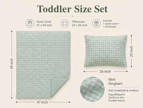 Image of TISU Toddler Crib Duvet Cover Sized 47 x 59 inch Gingham Patterned Soft Muslin Double Gauze Bedding Boy Girl Nursery Kids Sheet Bedsheets (Mint Gingham /Toddler)