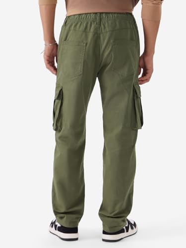 Image of The Souled Store Solids: Moss Green Men and Boys Straight Fit Cotton Blend Cargo Pants