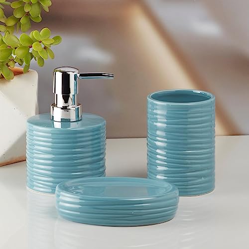 Image of SaSaSa Ceramic Bathroom Set of 3 Modern Bath Accessories Kit with Soap Dispenser, Toothbrush Holder & Dish - Stylish & Elegant Bathroom Decor, Blue (10197)