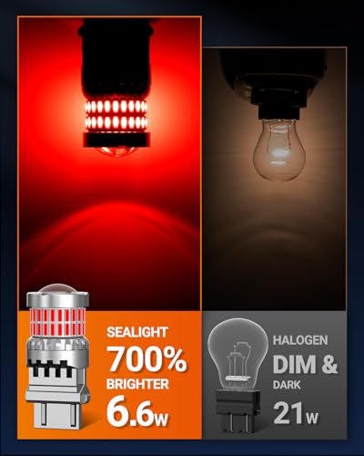 Image of SEALIGHT Brake Light Bulbs 3157 LED Bulb Red, 700% Brighter 3156 3057 4157 4114 LED Bulb 57-SMD LED Chipset with HD Projector Len for Blinker Brake Light, Tail Light, Stop Parking Lights, 2PCs