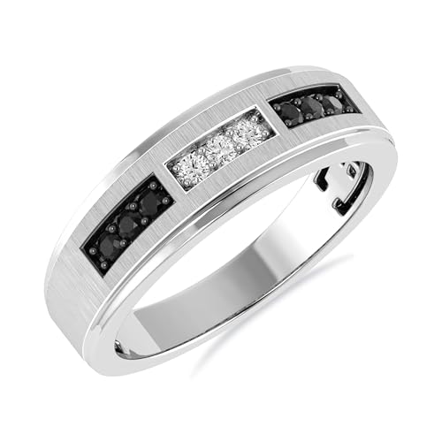 ARCHMAN 1/4 Cttw Black and White Diamond Mens Wedding Band in 925 Sterling Silver, 10K/14K Real White Gold Anniversary Ring
