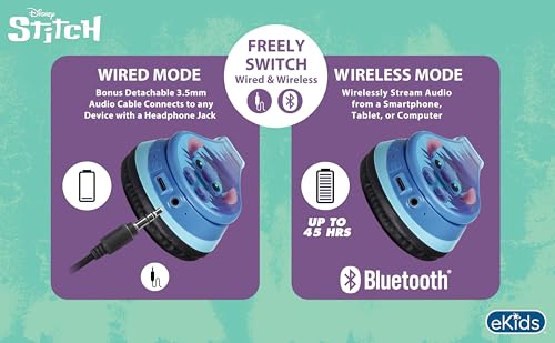 Image of Disney Stitch Bluetooth Headphones for Kids, Wireless Headphones for School | Volume Reduced and Built-in Microphone
