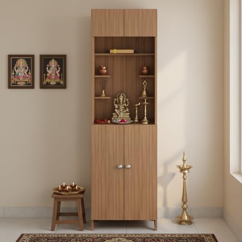 Image of FURNEASER Shivika Engineered Wood Pooja Mandir for Home | Modern Design Temple for Home & Office | Puja Stand Shelf | Prayer Cabinet Shelf (Exotic Teak)