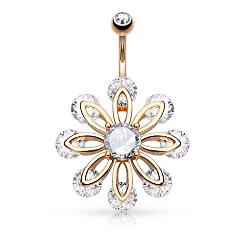 PSUM Unisexo Piercing En El Ombligo Flor Acero Inoxidable Latón Rose Chapado En Oro Circonita Claro 1.6mm x 10mm HBJ-N17448-RDC Cover