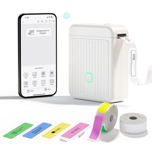 Image of Label Printer with Waterproof Self-Adhesive Labels (12 x 40 mm), Bluetooth Labeling Device, Portable Label Printer, 2000 mAh, Compatible with iOS & Android, for Home, School, and Office (White)