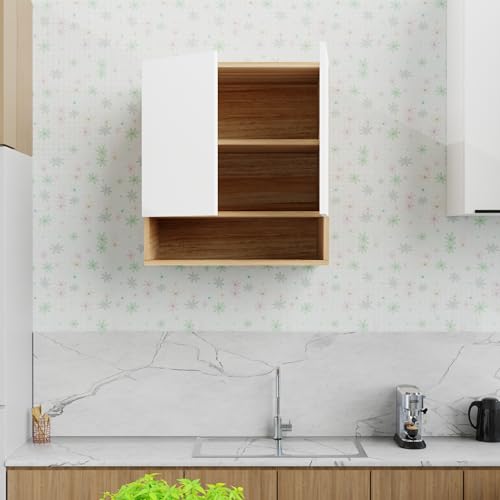 Image of 2 Door Multipurpose Wall Mounted Cabinet with Adjustable & Fixed Shelf | Storage for Kitchen, Bathroom, Office & Living Room | Assembly-DIY | Color-Asian Light & White | Size-60x33x63.8 Cm