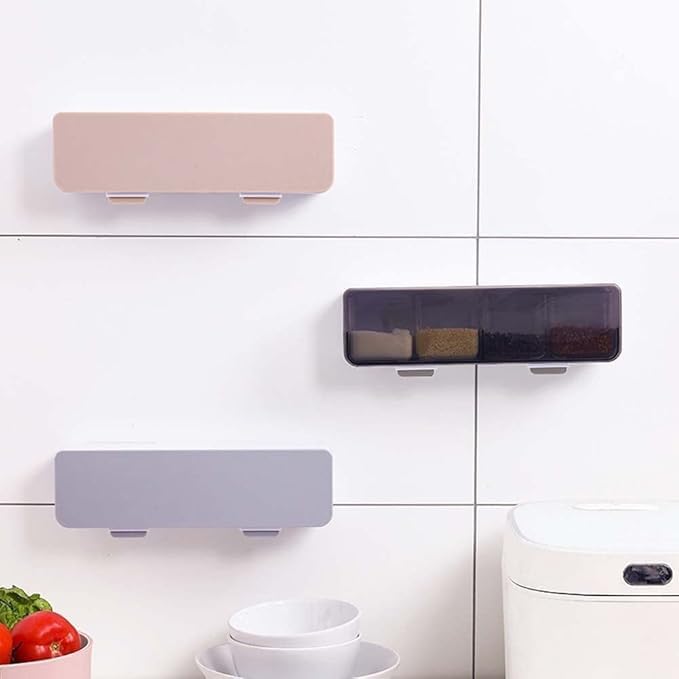 Image of Wall Mounted Spice Storage Box With Spoon For Kitchen, Multipurpose Self Adhesive Seasoning Masala Spice Rack Shelf With Cover,plastic spice rack masala organiser
