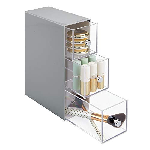 Preisvergleich Produktbild mDesign Schubladenbox Kosmetik Organizer mit 3 Schubladen aus Kunststoff praktisches Ordnungssystem fürs Badezimmer grau / transparent