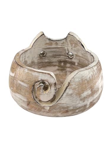 Image of Wooden Yarn Bowl for Crocheting Handmade Wool Storage Yarn Bowl with Holes Knitting Gifts for Women Crochet Accessories (5 inch x 3 inch - White)