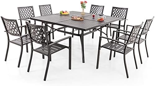 PHI VILLA 9 Piece Patio Dining Set, Metal Outdoor 60" Square Table Furniture Set with 8 Backyard Armrest Stackable Chairs, Table with 1.57" Umbrella Hole for Patio, Deck