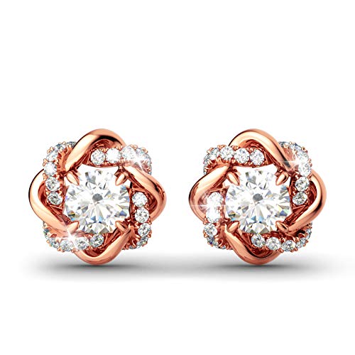 Jeulia Flower Rose Gold Plated Earrings 925 Sterling Silver Cushion Cut Cubic Zirconia Stud Earrings for Women Girls