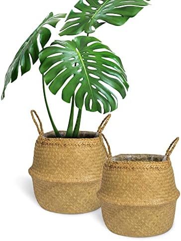 GAIAMADE Set of 2 Woven Seagrass Basket with Handles and Liner for Plant Pot, Belly Basket, Storage Basket, Wicker Baskets, Basket for Plant Baskets Indoor, Natural Seagrass Basket, Size ML