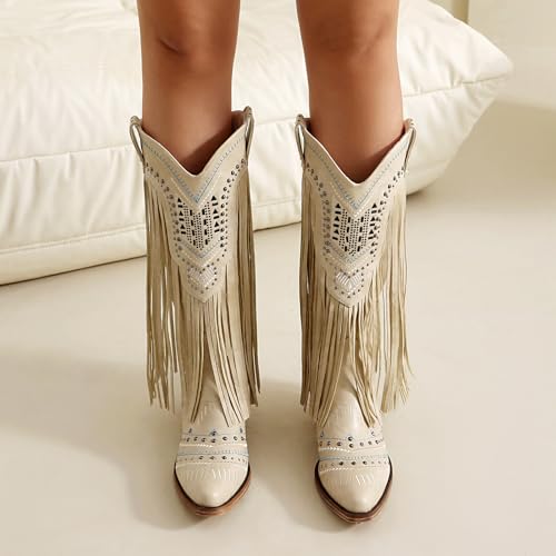 Image of Fringe Cowboy Boots for Women Wide Calf Embroidered Tassal Cowgirl Boot Knee High Snip Toe Pull On Western Shoes