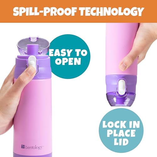 Image of Bentology Stainless Steel 13 Oz Reusable Water Bottle for Kids, Pink | Double Wall Insulated, Spill Proof Lid W /Built-in Straw- Keep Liquids Hot or Cold- Easily Fits in Lunch Boxes & Bags