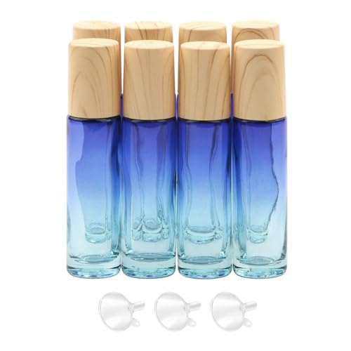 8 Pcs Glass Roller Bottles, 10 ml (1/3 oz) Blue Gradient Roll-on Vials for Essential Oils, Perfume, Lip Balms