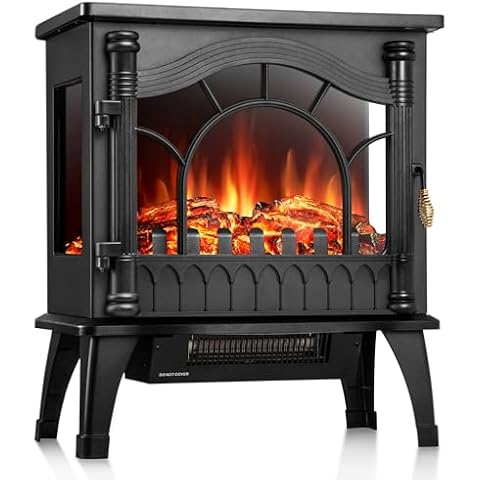 R.W.FLAME Electric Fireplace Heater, 20" Freestanding Fireplace Infrared Stove 1000W/1500W, 3D Realistic Flame Effects, Adjustable Brightness and Heating Mode, Overheating Safe Design Cover