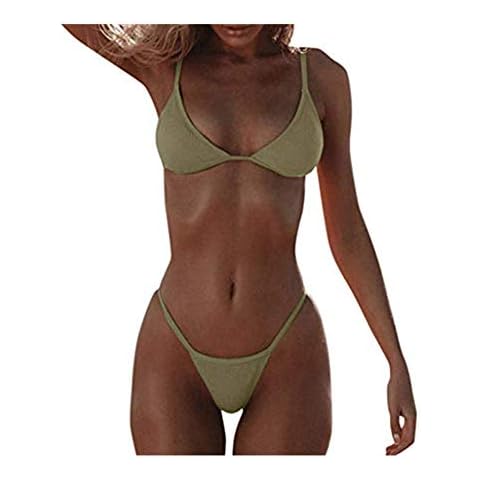 KaloryWee Women Sexy Bikini Set Solid Color Swimwear Bandage Triangle Tops and String High Waisted Briefs Beach Swimsuit Green Cover