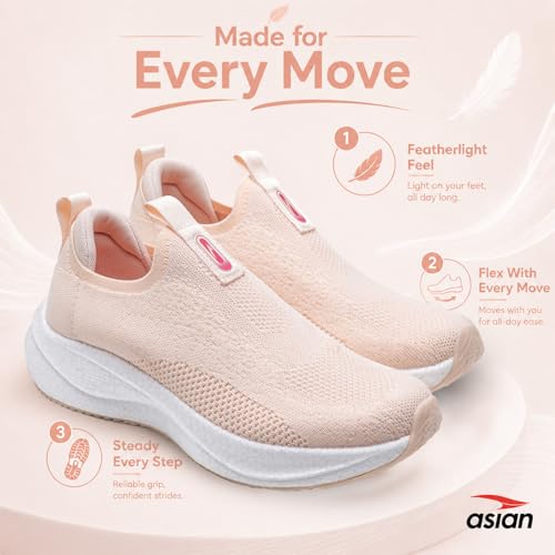 Image of ASIAN HypercushionWalk-W-01 Women's Ortho Walking Shoes | Stylish Slip-On Knit Shoes with E-TPU Energy Return Sole, Ortho Relief Memory Foam, Arch Support & Traction Grip for Smooth Daily Walking