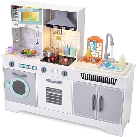 Lil' Jumbl Jumbl Kids Wooden Kitchen Set, Pretend Working Sink with Real Running Water, Includes Range Hood, Microwave & Stove Top That Make Realistic Sound & Light, Full Accessory Set Included Cover