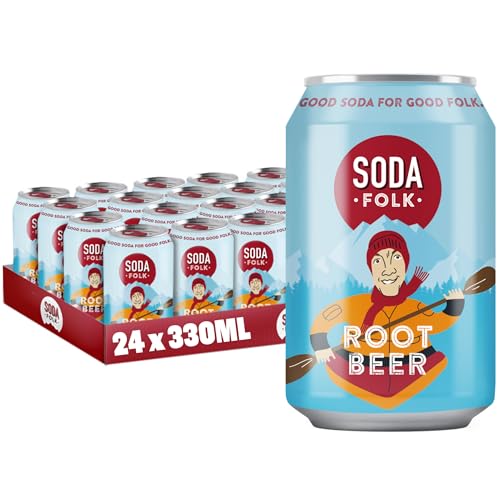 Soda Folk Root Beer, American Style Fizzy Drinks, Real Maple Syrup, Sweet Refreshing Reduced Sugar, Soft Drink, The Prime Drink, Nostalgic Flavours, Gluten Free & Vegan (24 x 330ml Cans)