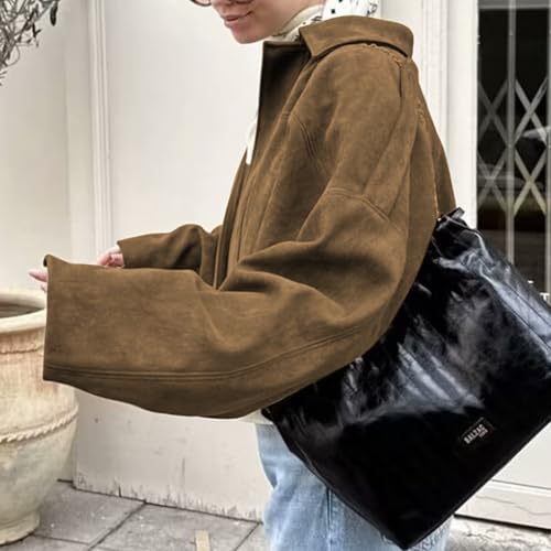 Women's Faux Suede Bomber Jacket Oversized Streetwear Casual Lapel Long Sleeve Motorcycle Jacket 2025 Fall Y2K Coat3