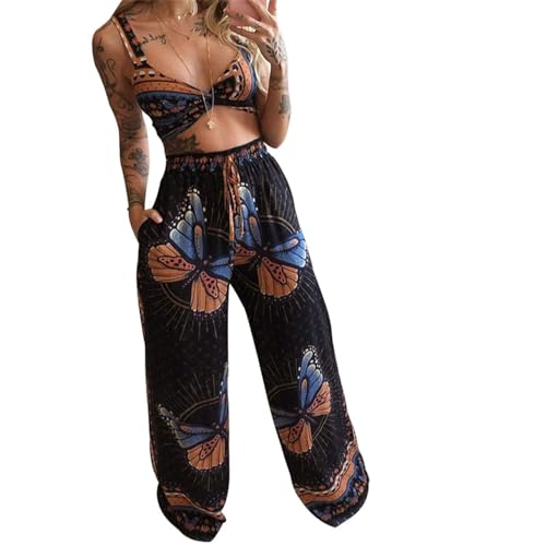 DEPENSL Women Summer 2 Piece Outfits Boho Floral Butterfly Print