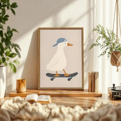 Cute Goose Wall Art Funny Silly Goose Skateboard Wall Decor Painting Whimsical Duck Poster Canvas Print Picture for Living Room Bedroom 12x16 inch Wood Framed - 1