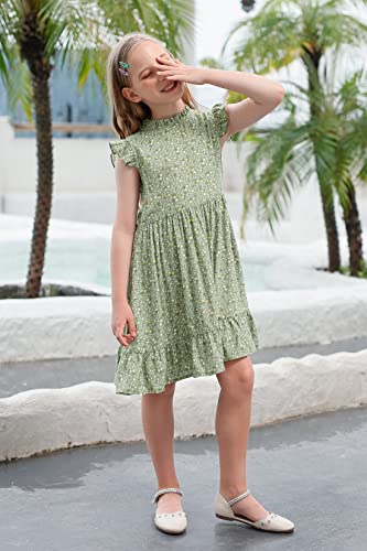 Gorlya Girls Butterfly Sleeve Ruffle Pleated Hem Boho Print Midi Dress With Pockets For 4-14T(Gor1124,14Y,Green Print) #TOP3