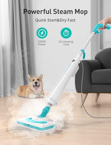Professional Steam Mop Cleaner, 1300W Floor Steamer with Detergent Chamber, 25S Heat Up, Lightweight Steamer for Cleaning with 2 Washable Pads, Safe for Tiles, Upholstery, Carpet, Hardwood, Teal - Thumbnail 3