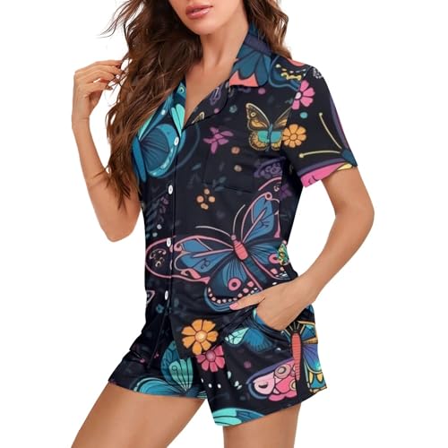Image of Pjs Womens Short Sleeve Button Down Pajamas Set Two-Piece Nightwear with Pockets